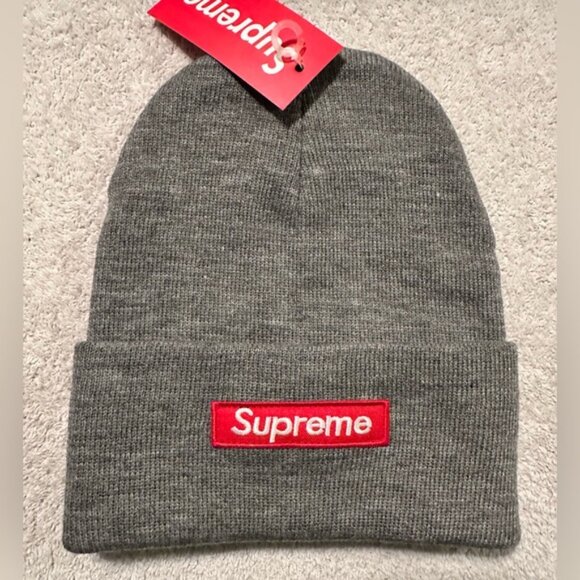 Grey solid Supreme red box logo beanie - Picture 3 of 3